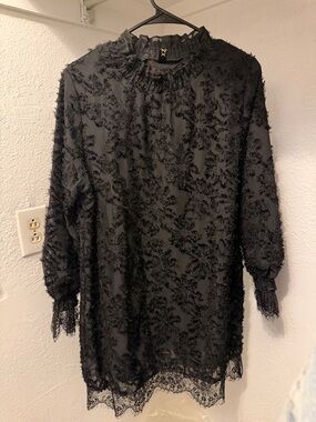 Black Long-Sleeve Lace-Trim Textured Mini Dress